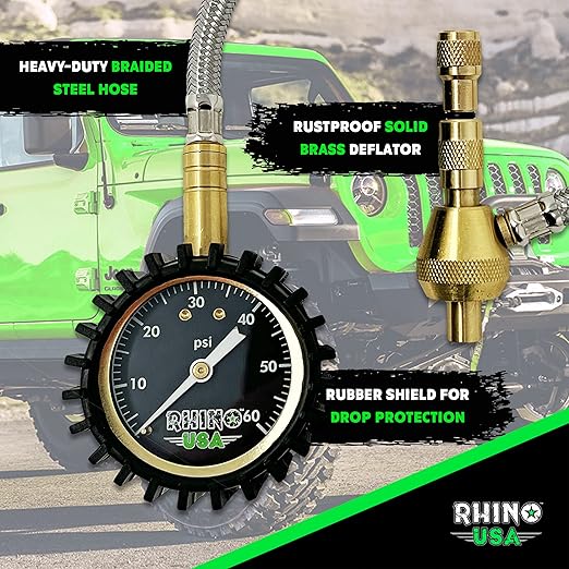 Rhino USA Rapid Tire Deflators with Gauge (0-60psi) Automatic & Adjustable Tire Air Down Tool - Large 2" Easy Read Glow Dial & Solid Brass Hardware - Best Offroad Deflator for Jeep, Truck or ATV