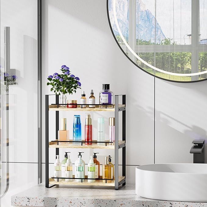 Bathroom Counter Organizer, 3 Tier Wood Countertop Shelf for Vanity, Skincare, Makeup, Kitchen Coffee and Sink Storage, with 