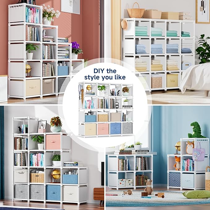 Mavivegue Book Shelf, 16 Cube Storage Organizer, Metal Cube Bookshelf, DIY Bookcase, Tall Book case for Bedroom, Living Room,