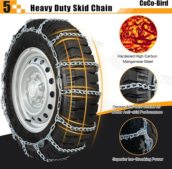Snow Chains, Thickened and Wear-Resistant High Carbon Steel Anti Slip Tire Chain for Light Truck, Pickups, and SUVs, Set of 2