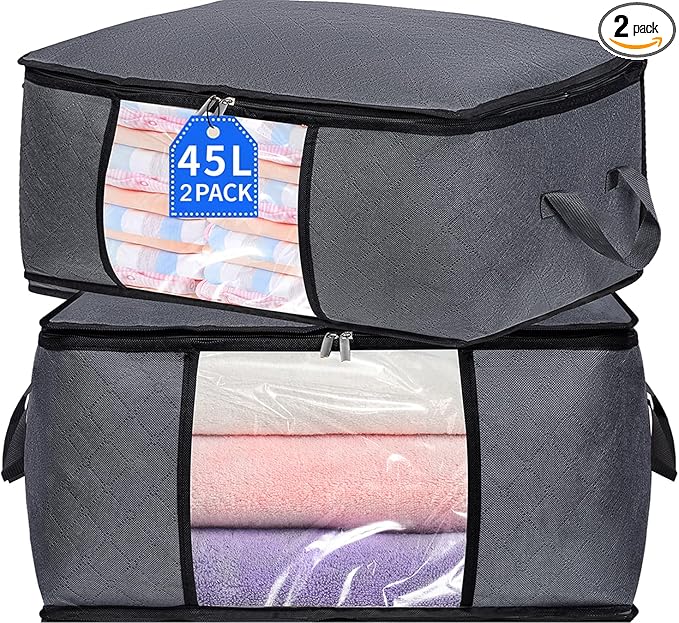 2 Pack Clothes Organizer Storage Bags with Zipper, 45L Foldable Blanket Storage Box with Clear Window Sturdy Handles for Clos