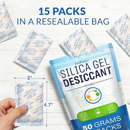 LotFancy Silica Gel Packets 50 Gram 15 Pack, Rechargeable Desiccant Packs with Color Indicator, Moisture Absorber for Gun Saf
