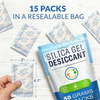 LotFancy Silica Gel Packets 50 Gram 15 Pack, Rechargeable Desiccant Packs with Color Indicator, Moisture Absorber for Gun Saf