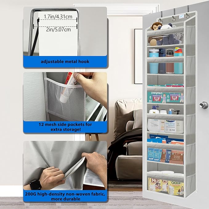 over the door organizer, Solid Bamboo Board (Not Plastic!) 6-Tier Heavy Duty 75LB, 12 Side Pockets, 3 Reinforced Hooks & Anti