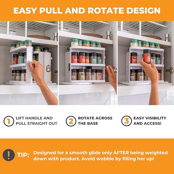 Cabinet Caddy SNAP! Spice Rack Organizer for Cabinet - Slide & Rotate Seasoning Organizer - 4 Snap-In Adjustable Shelves for 