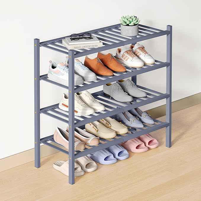 Smiry Bamboo Shoe Rack for Closet, 4 Tier Wooden Stackable Shoe Organizer, Free Standing Shoes Storage Shelf for Entryway, Fr