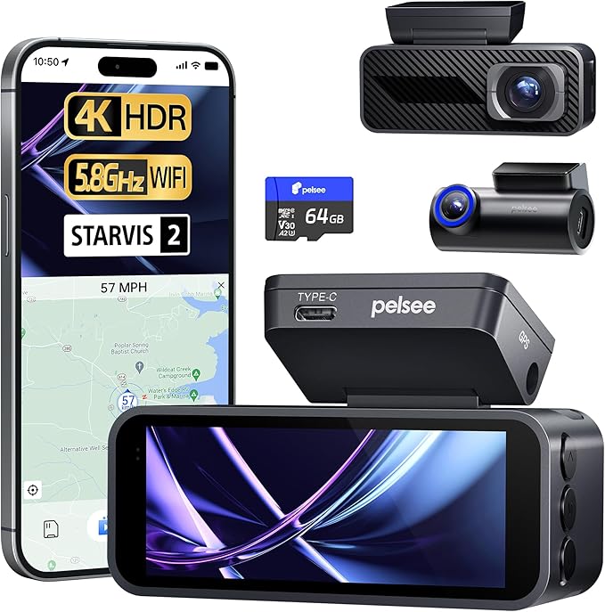 Pelsee P1 Pro 4K Dash Cam Front and Rear, STARVIS 2 Sensor, 64GB Card, Dual Dash Camera for Cars with Full-Color Night Vision