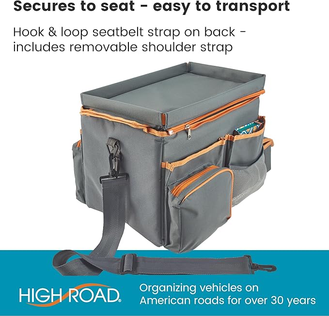 High Road CarHop Car Seat Organizer - Front Seat Organizer for Driver and Back Seat Organizer for Kids with Cup Holders, Study Tray Lid, Side Pockets and Cooler or File Compartment (Gray)