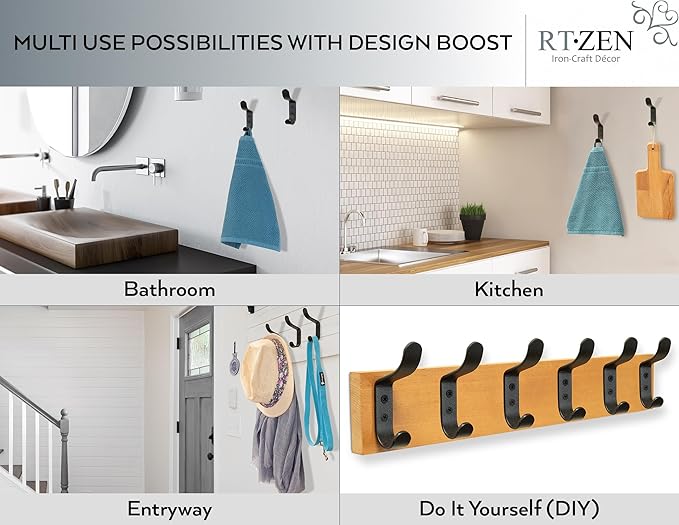 RTZEN Wall Mount Hook Set - Wrought Iron Decorative Rustic Metal Coat Hooks for Hanging - Handcrafted Classic Farmhouse Wall 