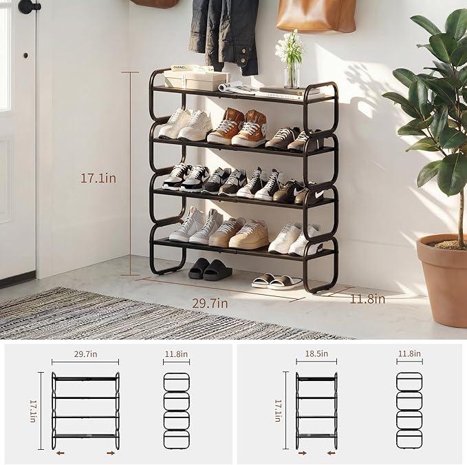 4Tier Shoe Rack - Expandable Shoe Organizer for Closet, Adjustable Metal Shoe Shelf Storage, Stackable Long Shoe Stand Holder