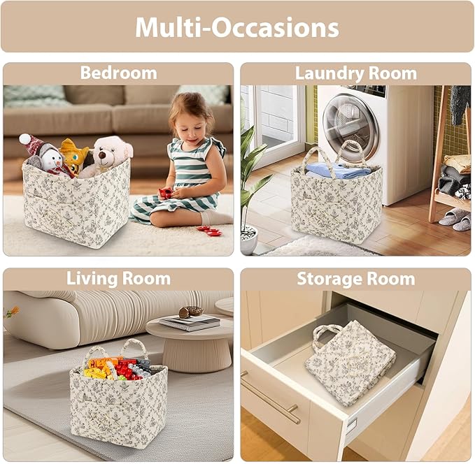 Storage Basket Boho Fabric Large Collapsible Floral Laundry Nursery Hamper Portable Folding Storage for Clothes Toys (Vine-Co