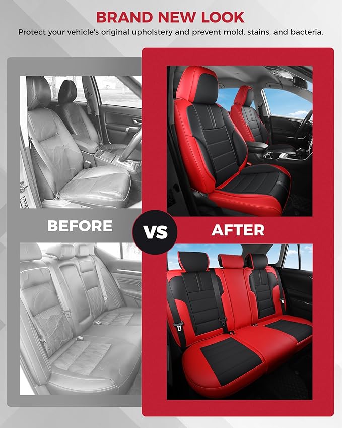 FREESOO Red Black Car Seat Covers Full Set - Faux Nappa Leather Seat Covers for Cars, with Front Seatbelt Pads, Breathable In