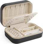 Genuine Leather Travel Jewelry Organizer Case with Mirror for Women, Small Mini Portable Jewelry Box for Ring Earrings Neckla