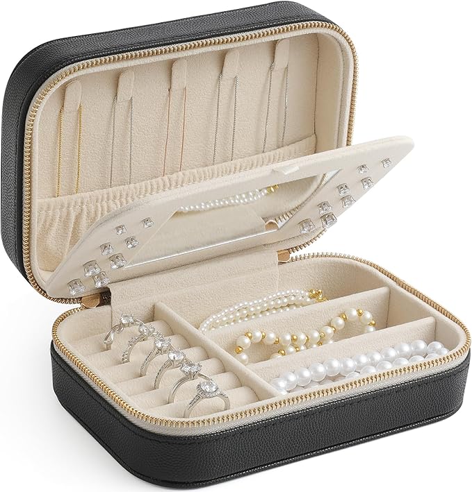 Genuine Leather Travel Jewelry Organizer Case with Mirror for Women, Small Mini Portable Jewelry Box for Ring Earrings Neckla