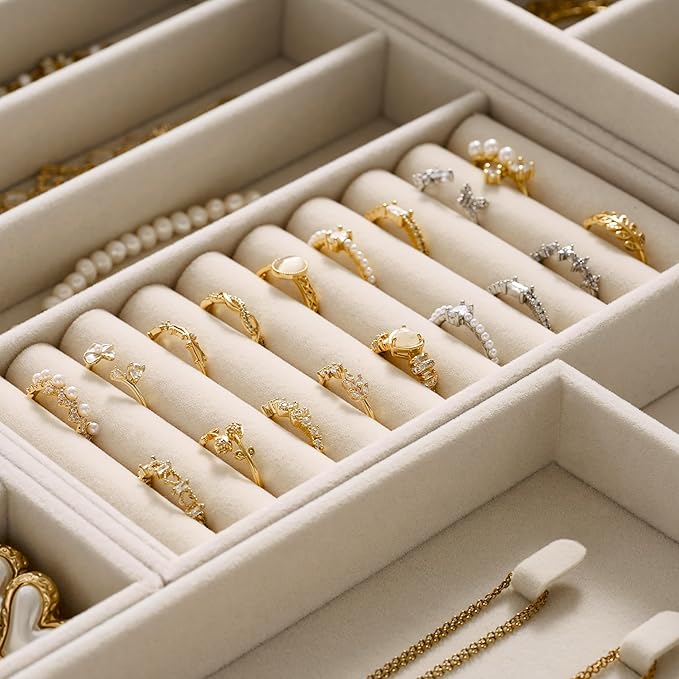 Velvet Jewelry Drawer Organizer Trays – Large Beige Stackable Jewelry Storage Inserts Set, 4-Layer Jewelry Tray Set for Earri