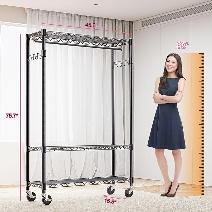 M MZG Heavy Duty Rolling Garment Rack 3 Tiers Adjustable Wire Shelving Clothes Rack with 1 Rods and Side Hooks,Storage Closet