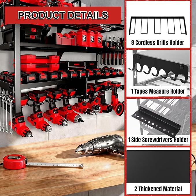 Large Power Tool Organizer Wall Mount, 4 Layer Heavy Duty 8 Cordless Drill Holder Tool Storage Rack, Load 400lbs Utility Powe