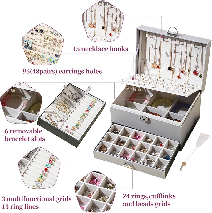 BOOVO Earring Jewelry Box For Women Girl Stud Organizer, 5 Layers Girl Jewelry Organizer Box With Lock Earring Holder Organiz