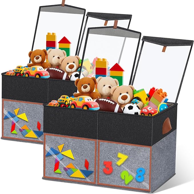 2 Pack Large Toy Storage Box with Clear Lids Collapsible Toy Organizer Chest with Adjustable Dividers Kids Storage Bin Basket
