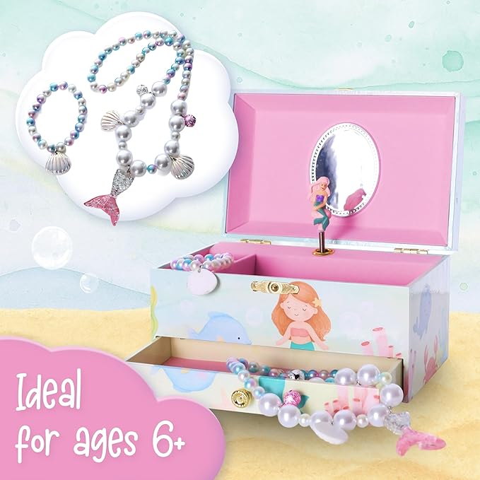 The Memory Building Co Mermaid Musical Jewelry Box Plays Classic Melody, Storage Organizer Music Box for Kids Ages 6-12, MDF 