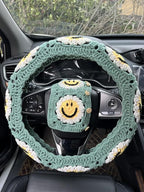 Handmade Crochet Sun Car Steering Wheel Covers Universal 14-15 inch,Cute Steering Wheel Cover,Car Accessories (Sun Wheel Cover+2belt Cover+2Coaster+Hanging)