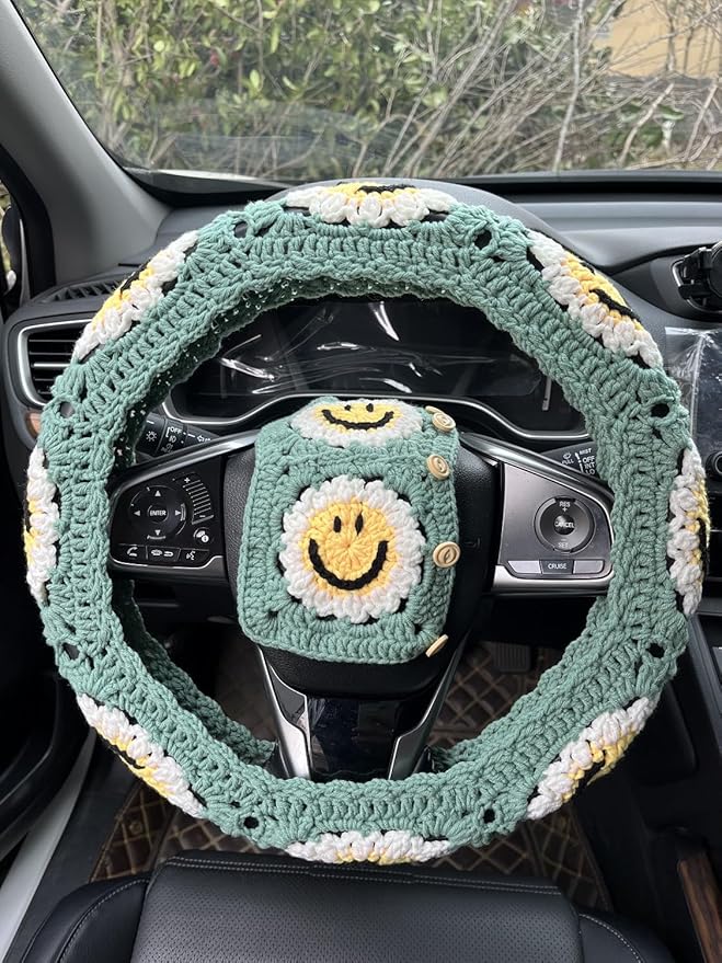 Handmade Crochet Sun Car Steering Wheel Covers Universal 14-15 inch,Cute Steering Wheel Cover,Car Accessories (Sun Wheel Cover+2belt Cover+2Coaster+Hanging)