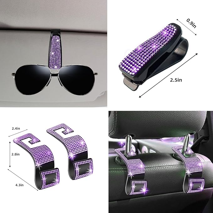 NBTEPEM 30 Pcs Purple Bling Car Accessories Set for Women, Purple Steering Wheel Cover Set, Bling Console Cover, Seat Belt Cushion, Shift Knob Cushion, Cup Coaster, Rhinestone Car Hanging Accessories