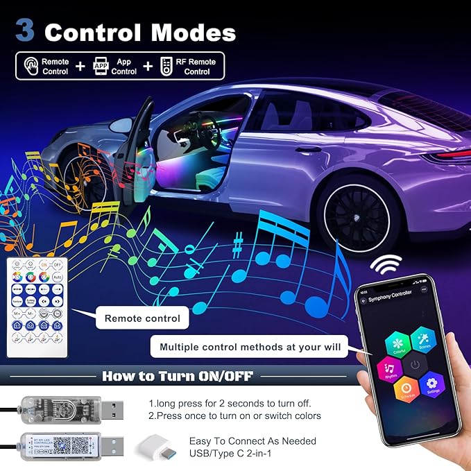 Dreamcolor Acrylic Interior Car LED Strip Light with 60S Motion Sensor Switch &USB Hub, 55.1 inches Neon LED Strip Light, RGB Colors Ambient Lighting Kits