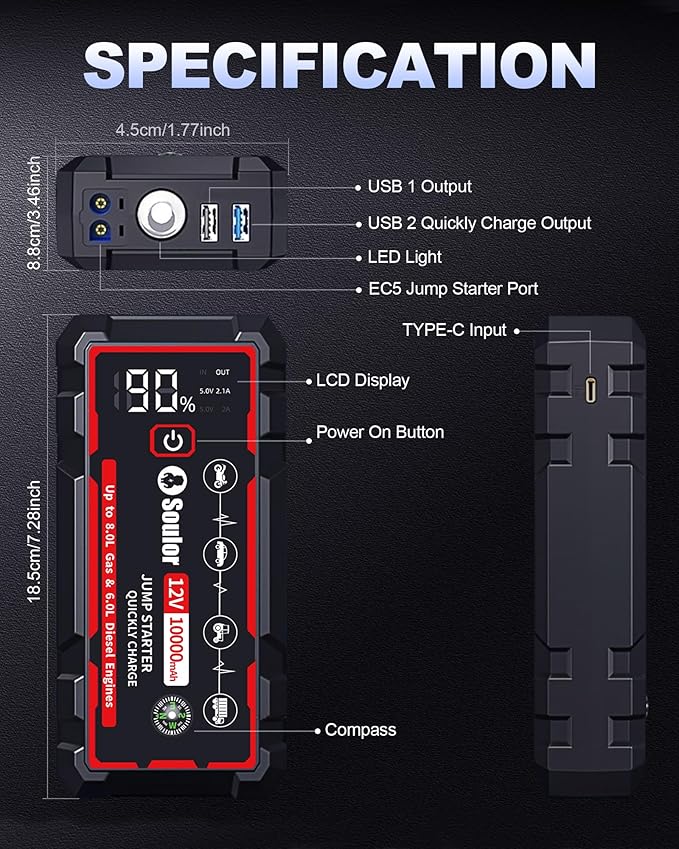 9 in 1 Jump Starter, 12V Jump Box Car Battery Jumper Starter Portable with 14 in 1 Protection Jumper Cables, LED Lights, LCD