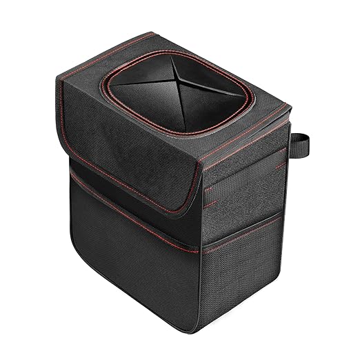 Simple Deluxe Car Trash Can With Lid, Storage Pockets, Leak-Proof Garbage Container, Adjustable Straps, Waterproof, Portable, Collapsible, 2 Gallon, Black