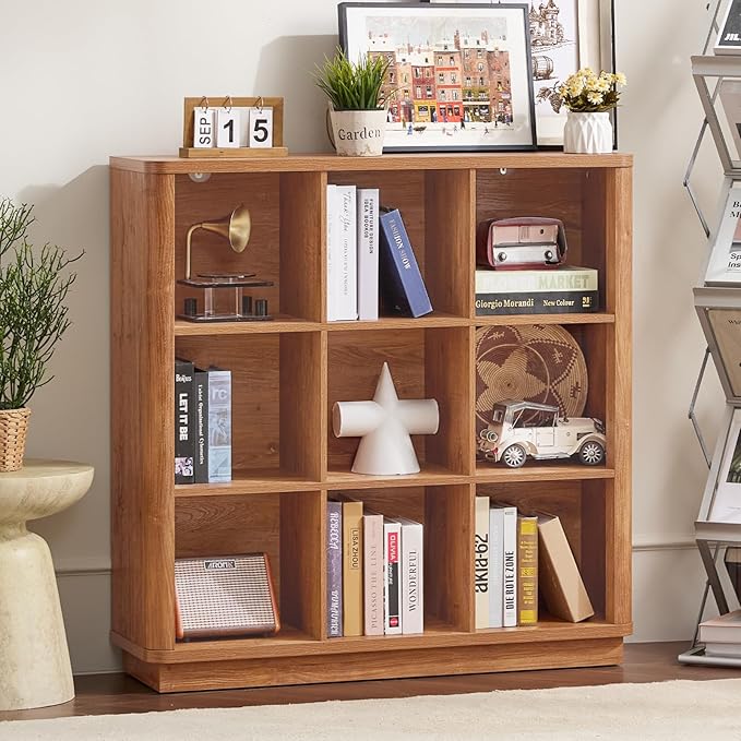 Joaxswe 9 Cube Storage Book Shelf, 40.5" Wide Organizer Bookshelf with Curved Edge, Wood Floor Standing 3-Tier Cubby Bookcase
