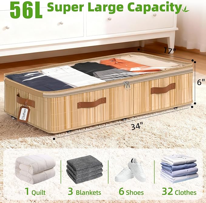 Livole 3 Pack Bamboo Under Bed Storage with Wheels, 6 inches Underbed Storage Containers, 56L XXL Rolling Under Bed Storage B