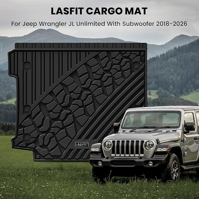 LASFIT Trunk Mat for Jeep Wrangler JL 2018-2025 2026 4 Door Cargo with SUBWOOFER, All Weather TPE Custom Fit Cargo Mat Fit for Flat Load Floor Gas Type, Black (Not for JK/Not PHEV/Not 2-Door)