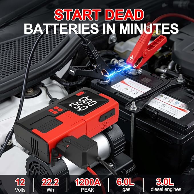 Car Battery Jump Starter with Air Compressor, 6000mAh Tire Inflator, 16.8V Portable Jump Box with LED Light/Flashlight for 6.0L Gas/3.0L Diesel, Car Battery Jumper Starter Portable, Jumper Cables
