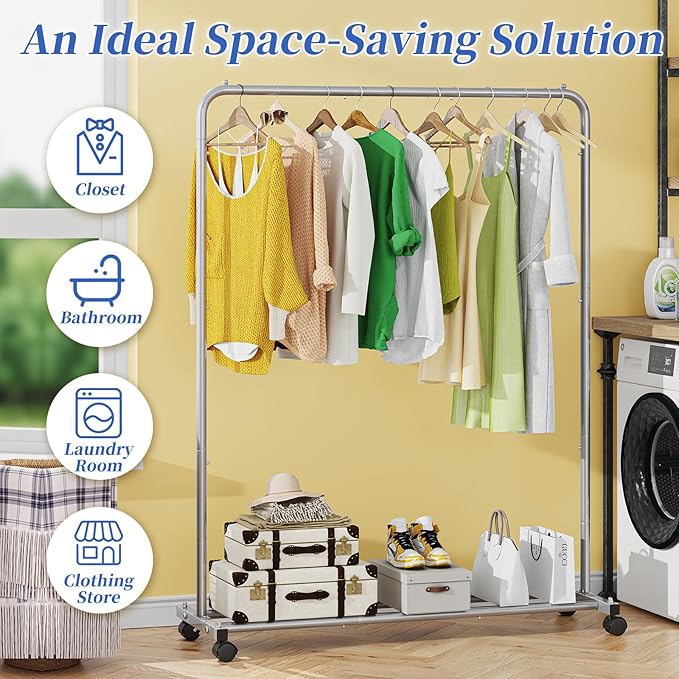 Simple Trending Standard Clothes Clothing Garment Rack with Storage Shelves, Rolling Clothes Organizer on Wheels for Hanging 
