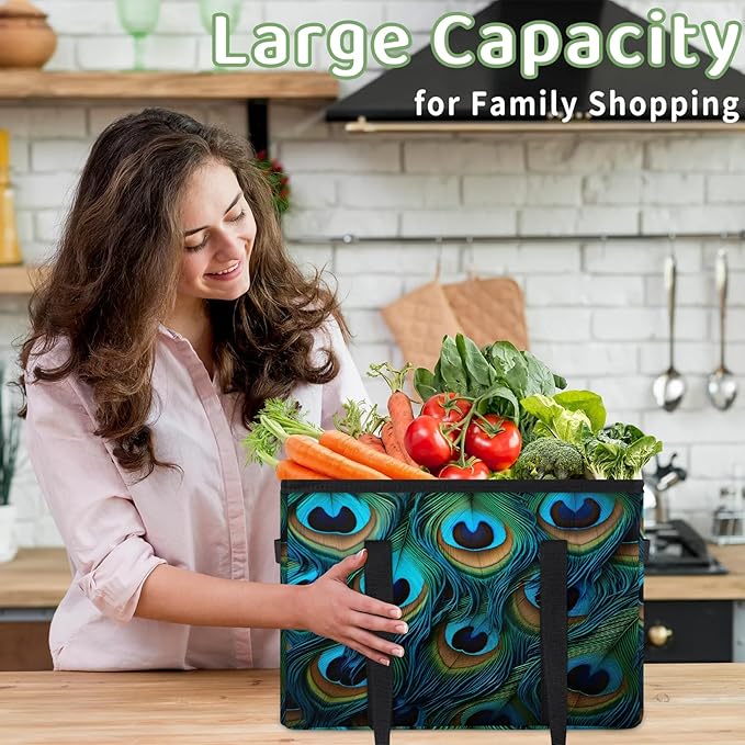 Reusable Grocery Bags Heavy Duty Shopping Bags Foldable Large Tote Bags with Long Handles & Hard Bottom