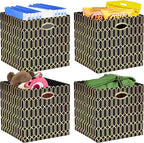 Posprica Storage Bins, Storage Cubes,13×13 Fabric Drawers Organizer Basket Boxes Containers (13×13×13/4pcs, Black/gold geomet