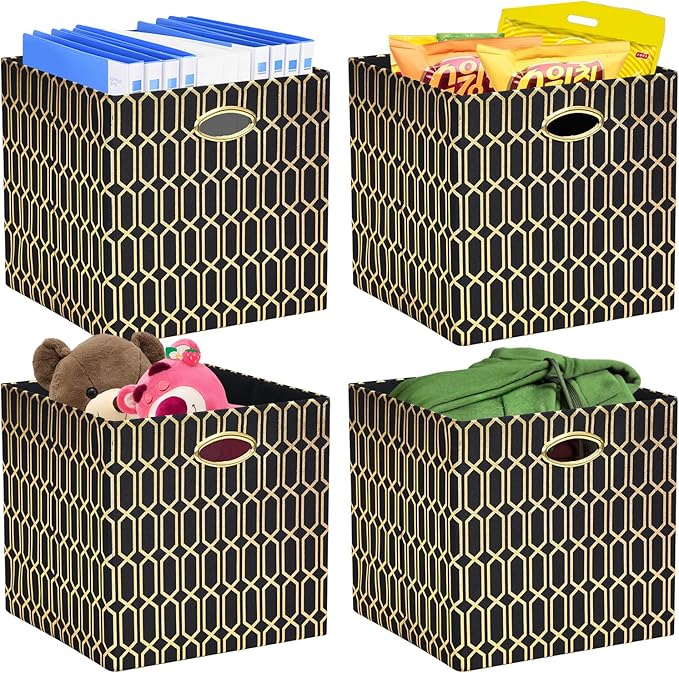 Posprica Storage Bins, Storage Cubes,13×13 Fabric Drawers Organizer Basket Boxes Containers (13×13×13/4pcs, Black/gold geomet