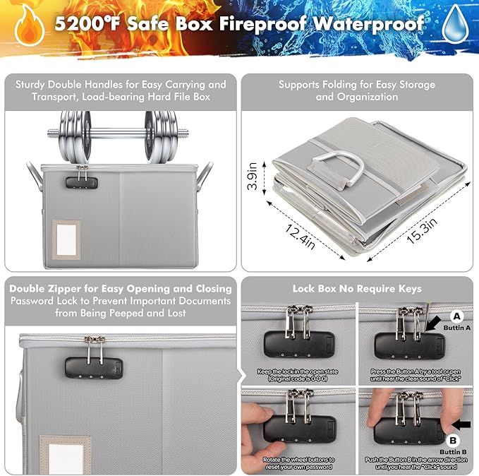 TOMKID 5200°F Fireproof Document Box, Fire Important Document Organizer with Lock, Upgraded Heat Insulated Filing Storage Cab