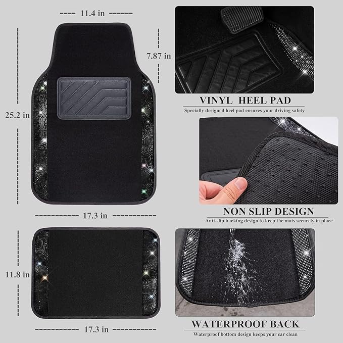 CAR PASS 11 PCS Bling Diamond Car Mats Set for Women Girls, Sparkly Rhinestone Steering Wheel Cover, Waterproof Floor Mats Un
