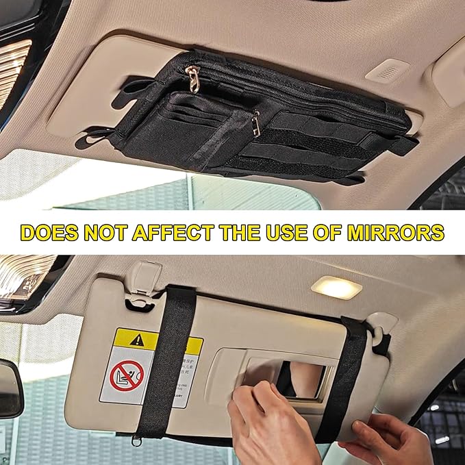 OMU 2 Pack Black Rugged Tactical Multi-Functional Car Sun Visor Organizer With Micro ID Carrier Pocket, MOLLE Visor Organizer Bag, Sunglass Holder