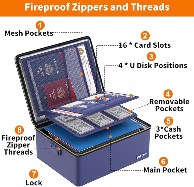 ENGPOW Fireproof Document Box, Hard Fireproof Box with Fireproof Zipper＆Lock, 6400°F Heat Insulated Fireproof Water Resistant