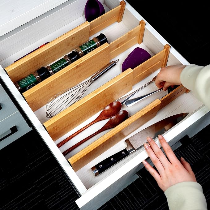 Utoplike Bamboo Dresser Drawer Dividers, 4'' High Adjustable Drawer Organizers for Clothing, Spring Loaded, Works in Kitchen,