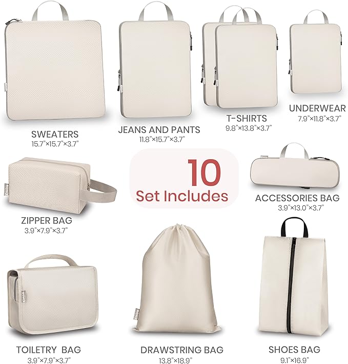 Compression Packing Cubes for Travel, Set of 10 Expandable Luggage Organizers with Shoe Bag, Lightweight Water-Resistant Suit