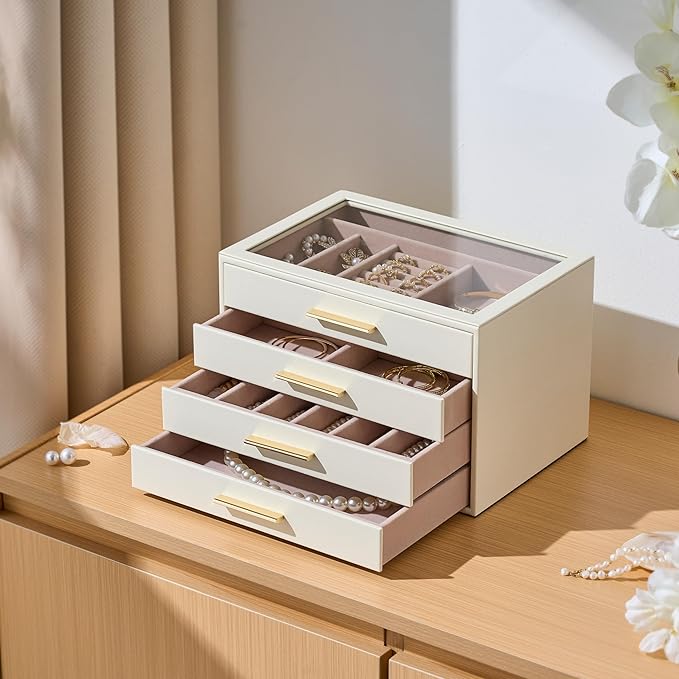 pickpiff Jewelry Box Organizer Case for Women: 4-Layer Jewelry Storage Case with Glass Window, Ivory Leather with Pink Velvet