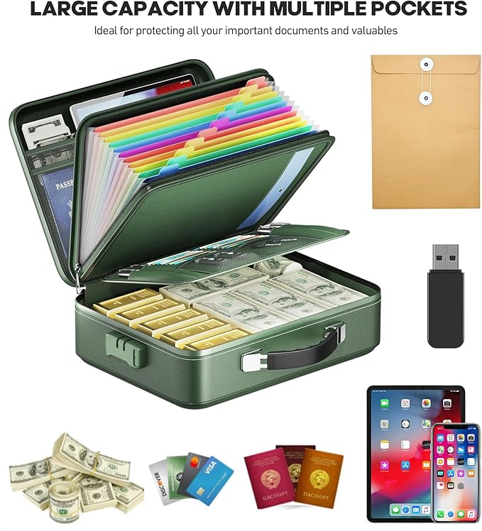 Fireproof Document Box, Hard Case Highly Flame-Resistant Fire Proof Waterproof File Organizer with Lock, Portable Fire Safe f