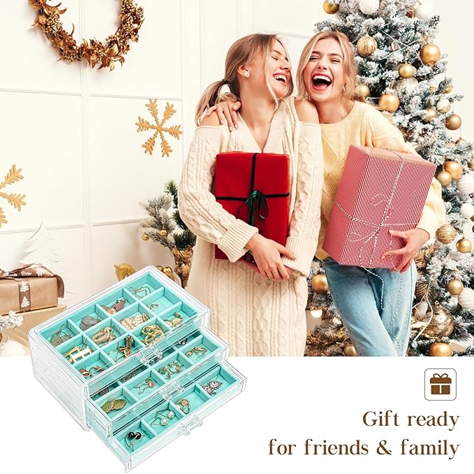 ProCase Earring Holder Organizer Jewelry Box with 3 Drawers, Acrylic Clear Earring Case with Adjustable Velvet Trays for Wome
