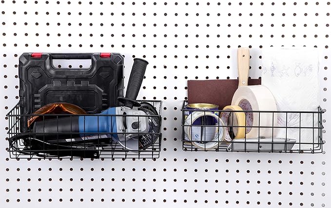 RightArrange Pegboard Basket Set of 2 - XLarge + Large Size Basket, Black - Hooks to Any Peg Board - Organize Tools, Workbenc