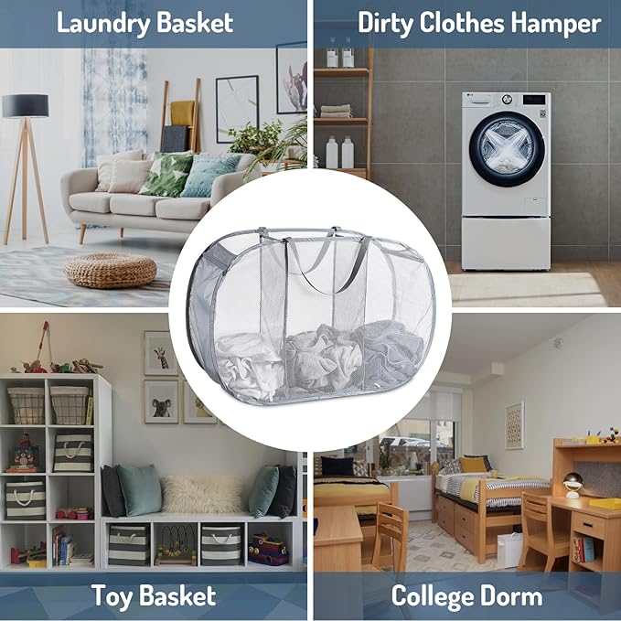 Seiritex Mesh Popup Laundry Hamper 3 Compartment Sortable Horizontal Collapsible Laundry Basket for Clothes Laundry Room Bedr