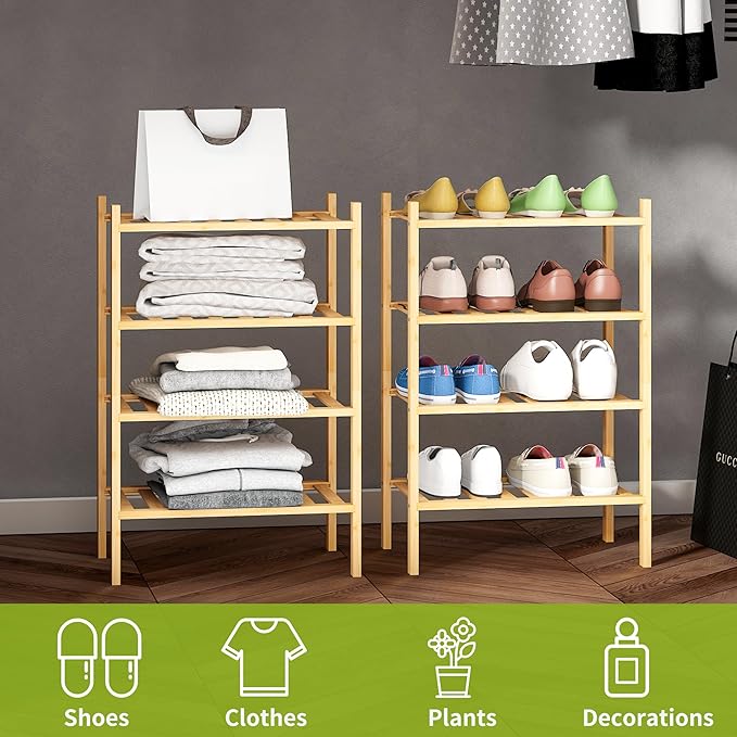 BMOSU 4-Tier Bamboo Small Shoe Rack Premium Stackable Shoe Shelf Storage Organizer for Hallway Closet Living Room Entryway Or